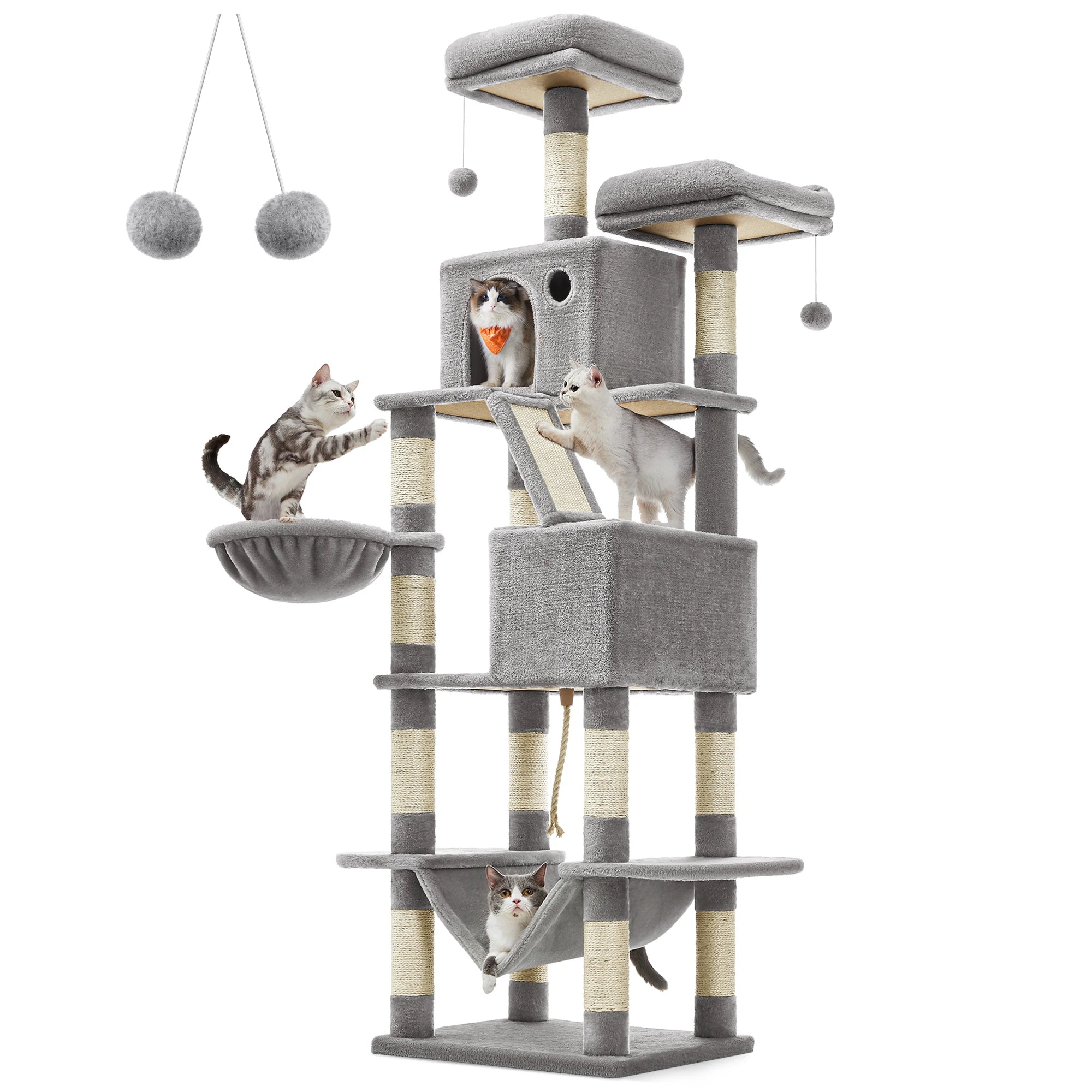 Feandrea Cat Tree, 206 cm Tall, XXL, with 13 Scratching Posts, 2 Platforms, 2 Caves, a Basket, a Hammock, and Plush Balls