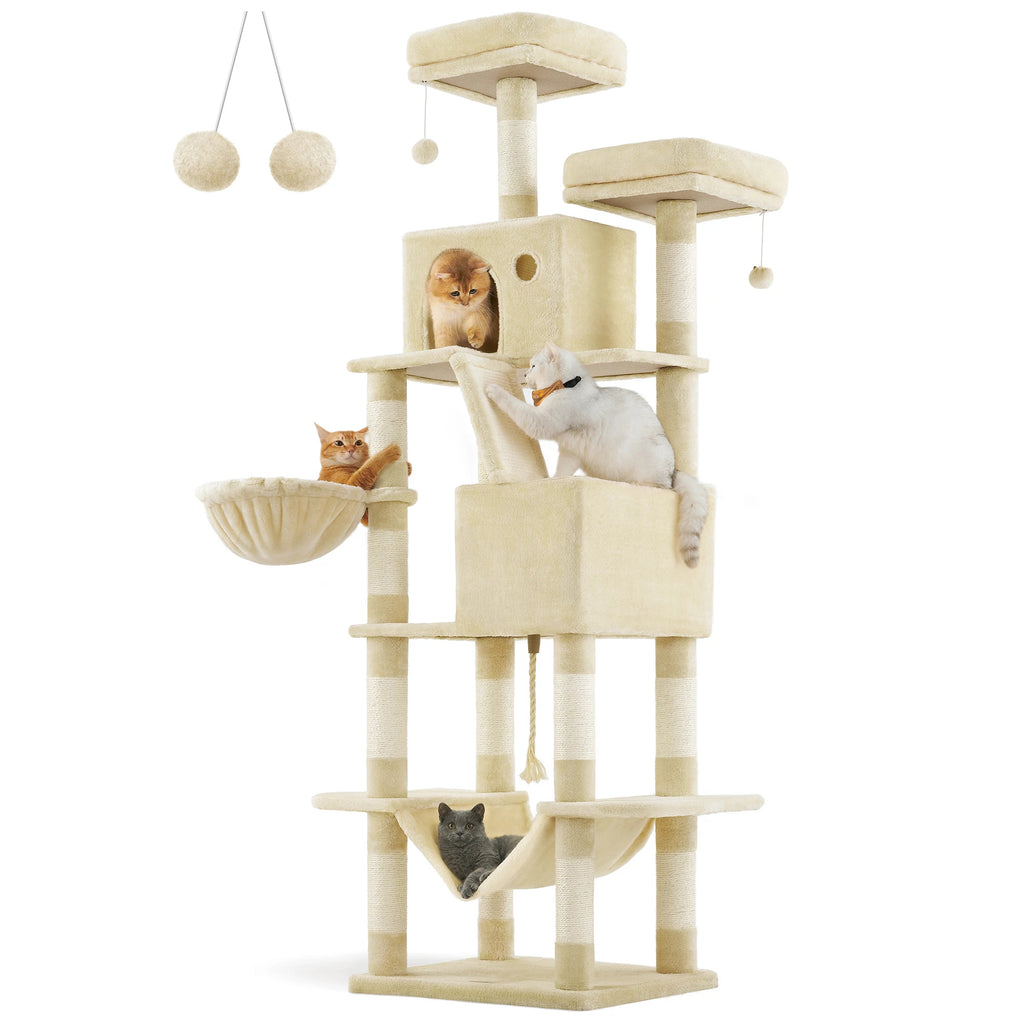 Feandrea Cat Tree, 206 cm Tall, XXL, with 13 Scratching Posts, 2 Platforms, 2 Caves, a Basket, a Hammock, and Plush Balls
