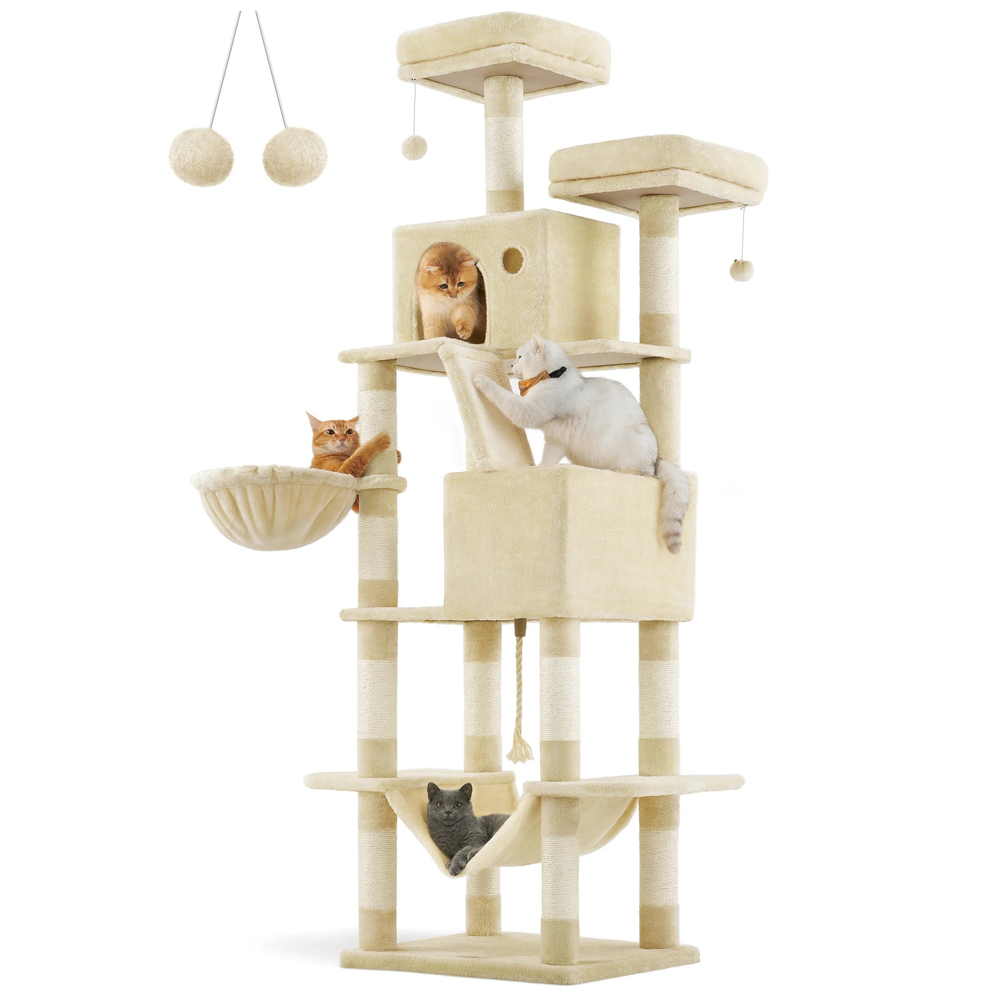 Feandrea Cat Tree, 206 cm Tall, XXL, with 13 Scratching Posts, 2 Platforms, 2 Caves, a Basket, a Hammock, and Plush Balls