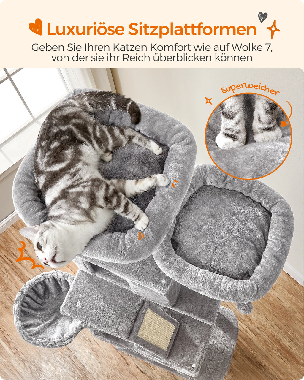Feandrea Cat Tree, 206 cm Tall, XXL, with 13 Scratching Posts, 2 Platforms, 2 Caves, a Basket, a Hammock, and Plush Balls