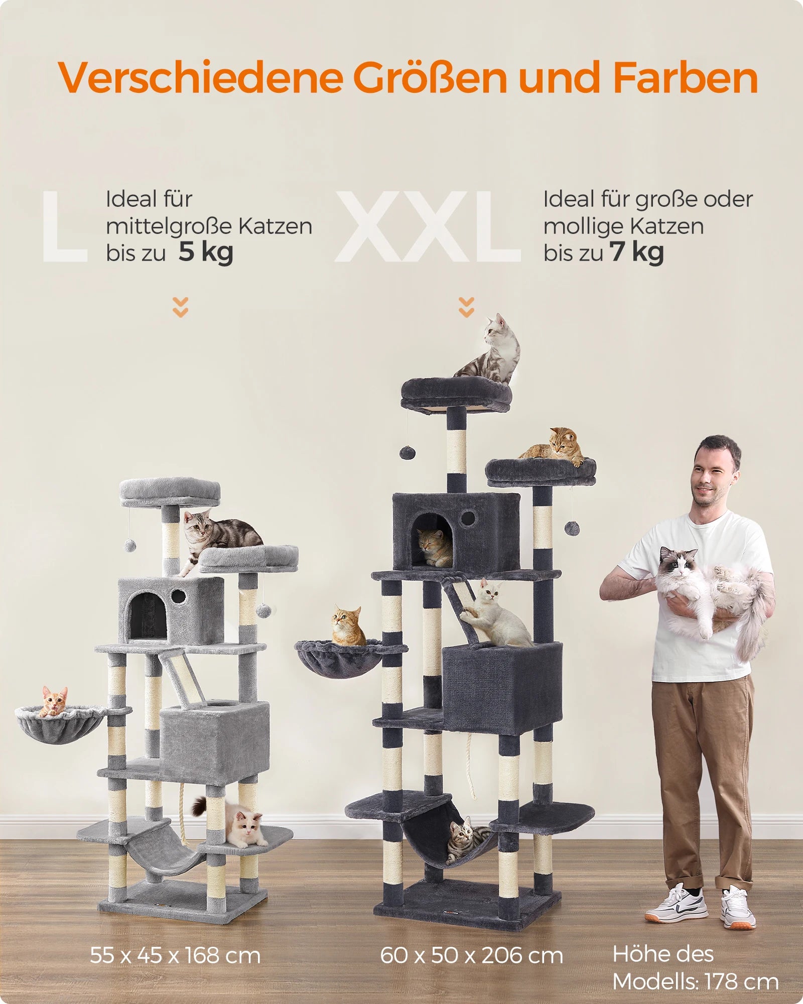 Feandrea Cat Tree, 206 cm Tall, XXL, with 13 Scratching Posts, 2 Platforms, 2 Caves, a Basket, a Hammock, and Plush Balls